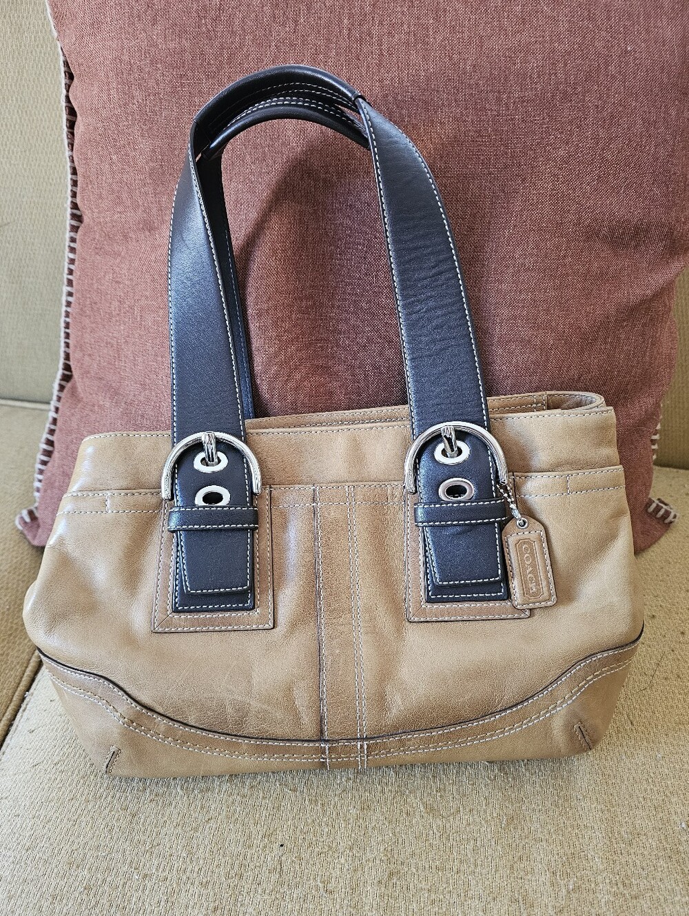 Coach Vintage Two-Tone Tan and Dark Brown Leather Shoulder Bag